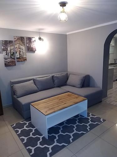 a living room with a blue couch and a coffee table at Mieszkanie nad jeziorem z własną linią brzegową in Iława