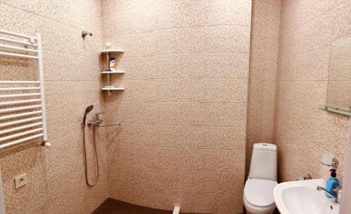 a bathroom with a shower and a toilet and a sink at Tbilisi in Tbilisi City