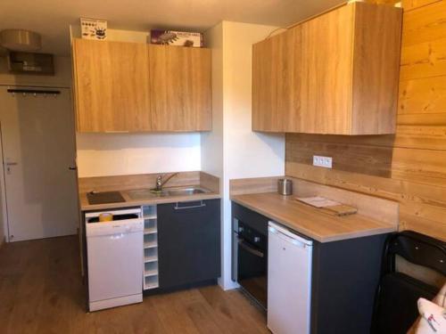 a small kitchen with wooden cabinets and a sink at Appartement ski Station Val Louron - Au pied des pistes - 4 - 6 personnes in Génos