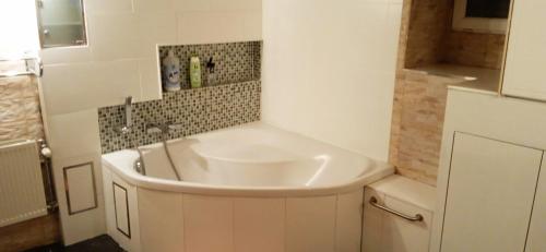 a bathroom with a large white sink in a room at liège 4420 rue jean Jaurès 45 grande maison joyeuse avec terrasse 30m2 pour 8 personnes maximum in Saint-Nicolas