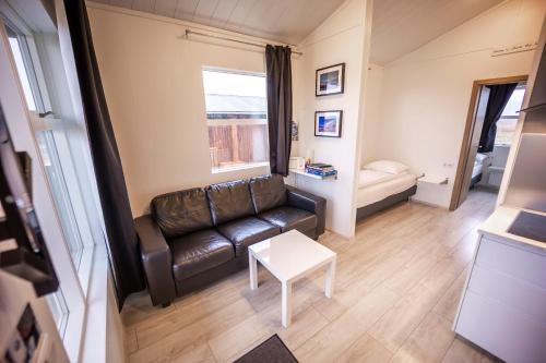 a living room with a leather couch and a table at Aurora Cabins in Höfn
