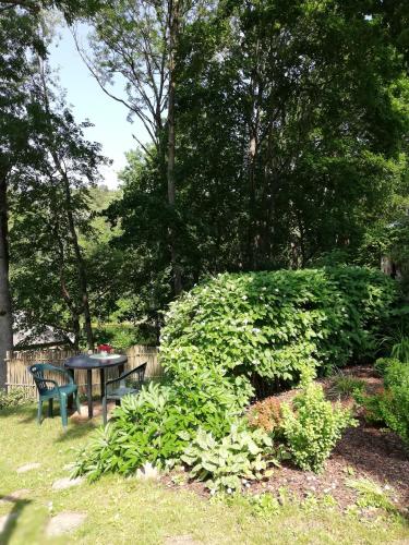 a table and a bench in a garden with bushes at Pālena apartamenti in Tērvete