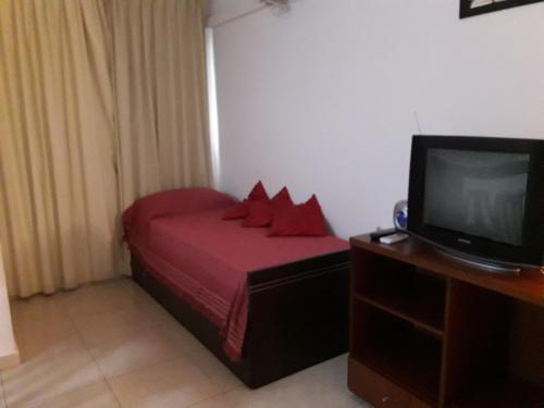 ヴィラ・カルロス・パスにあるDepartamento Sorrentosの赤いベッドとテレビ付きの小さなベッドルーム1室