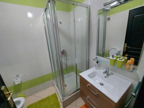 ein Bad mit einer Dusche, einem Waschbecken und einer Dusche in der Unterkunft borj rayhane 1 in Tangier