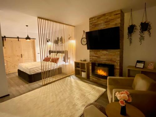 sala de estar con chimenea y cama en Dream Studio Silver Mountain, en Poiana Brasov