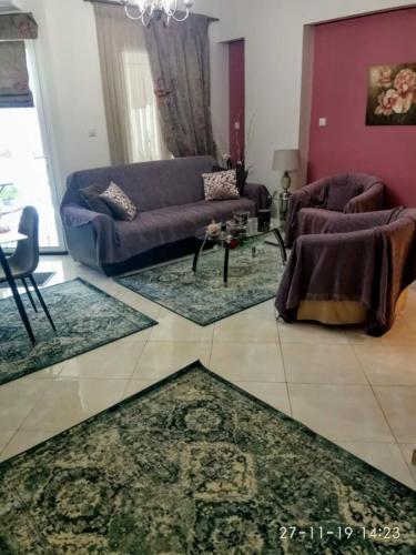 a living room with couches and rugs on the floor at Marys house in Markopoulo
