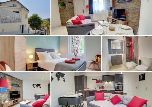a collage of photos of a bedroom and a living room at Stop Chez M Select Street # Qualité # Confort # Simplicité in Saint-Fons