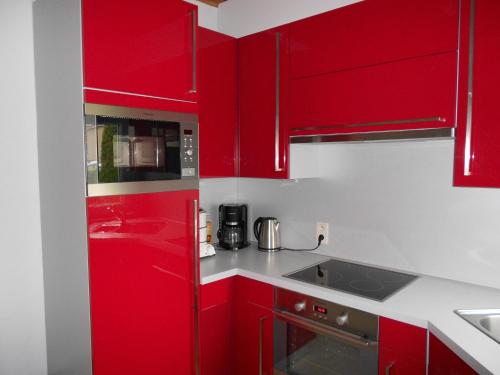 una cocina roja con armarios rojos y fregadero en Gite de la Rhosnes en Amougies