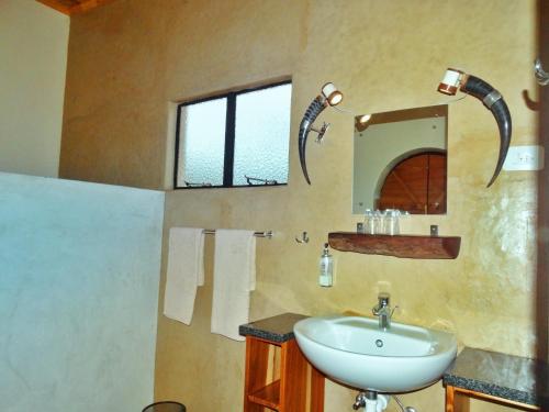 a bathroom with a sink and a mirror at Ovita Wildlife Restcamp in Okazize