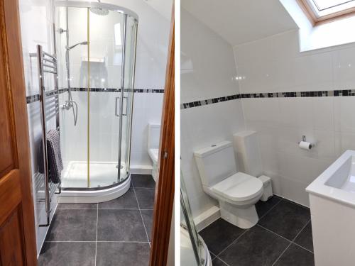 two pictures of a bathroom with a shower and a toilet at Bank Top in Earl Sterndale