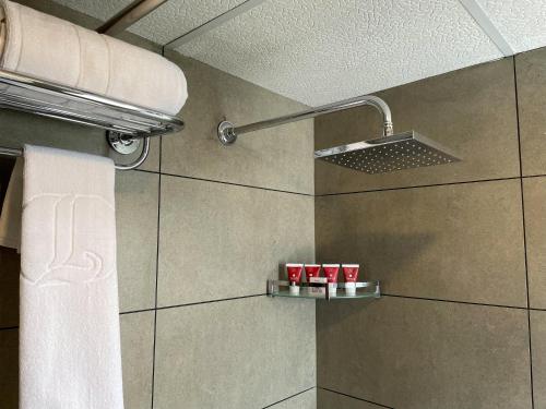 a bathroom with red cups on a shelf on a wall at Lords Eco Inn Belagavi in Belgaum