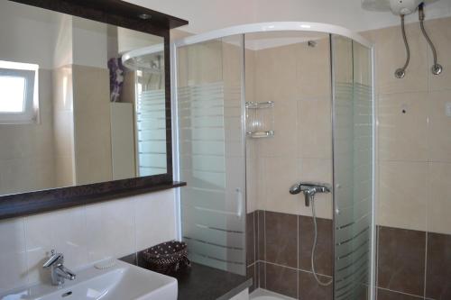a bathroom with a shower and a sink and a mirror at Apartment Hvar Bike in Stari Grad