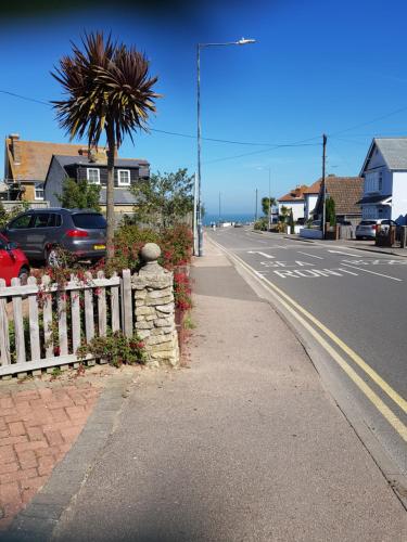 an empty street with a white fence and a palm tree at The Slopes in Whitstable