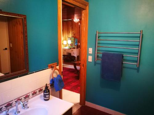 
a bathroom with a sink and a mirror at Springbrook Storybook in Springbrook
