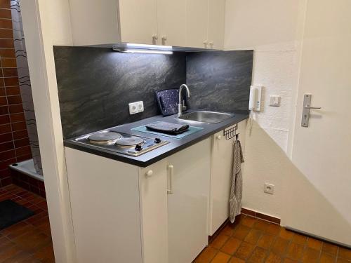 una pequeña cocina con fregadero y encimera en Idyllisches Apartment - Moderne 1ZKB Balkon 2 Personen Self-Check-in 24h, en Bad Nauheim