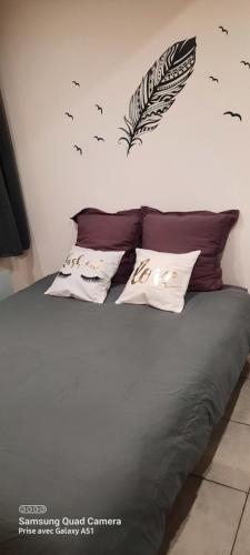 a bed with four pillows and a feather on it at superbe appartement de 40m2 avec parking gratuit sur place in Cuisery