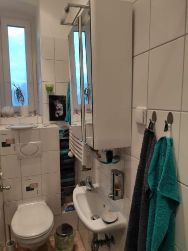 a bathroom with a white toilet and a sink at Joanna Apartment - MA Rheinau 4 in Mannheim