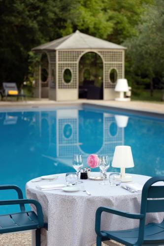 a table with wine glasses next to a swimming pool at LA RESERVE ALBI Hôtel Restaurant in Albi