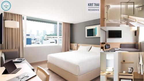 a hotel room with a bed and a desk with a laptop at Kritthai Residence in Bangkok
