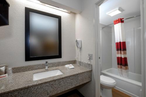 bagno con lavandino, servizi igienici e specchio di Red Roof Inn Cleveland - Medina a Medina
