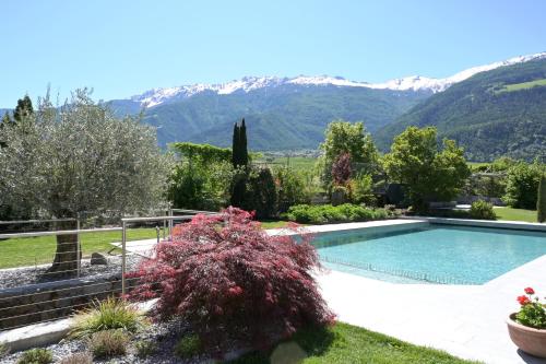 a swimming pool in a garden with mountains in the background at Hotel Quellenhof in Naturno