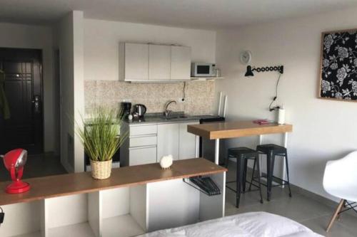 a small kitchen with a table and a counter at Penguins Flats 3 in Ushuaia