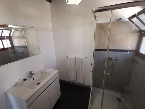 un bagno bianco con doccia e lavandino di Villa Nova Madeira in Funchal Casa A and B a Funchal