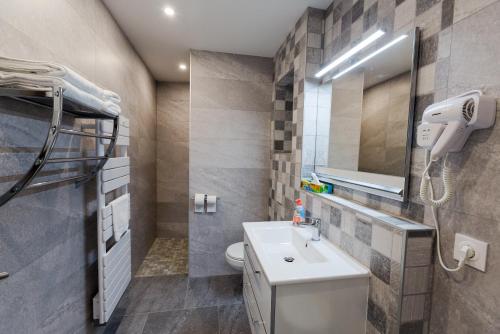 a bathroom with a sink and a toilet and a mirror at Sollaris Appartements RDC à 11km de Europa-Park in Friesenheim