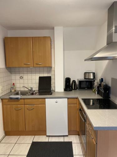 Una cocina con gabinetes de madera y un refrigerador blanco. en Appartement in Bad Waldsee, en Bad Waldsee