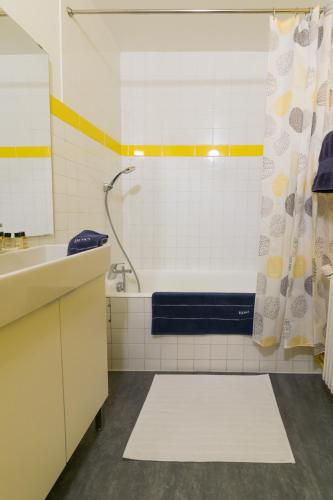 une salle de bain avec une baignoire et un lavabo dans l'établissement LE PALAIS DU CHÊNE NOIR - HYPERCENTRE - CALME - WiFI GRATUIT, à Avignon