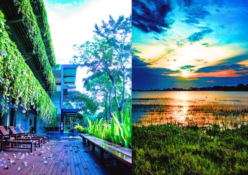 a collage of two pictures of a lake and a building at The Lake Forest Hotel in Anuradhapura