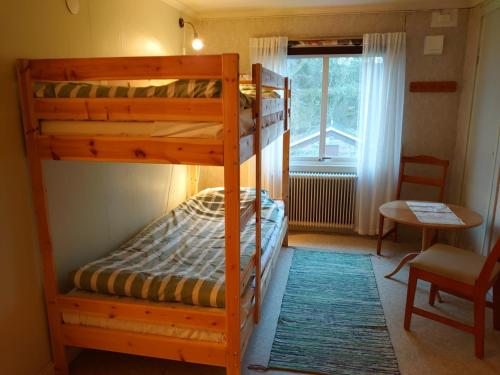 1 Schlafzimmer mit 2 Etagenbetten und einem Fenster in der Unterkunft Charmy house with the nature just around the corner in Trollhättan
