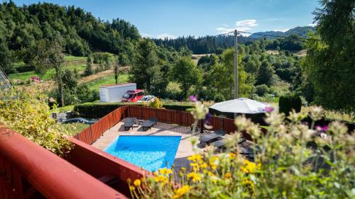 a pool with chairs and an umbrella in a garden at Chalets Runolist in Crni Lug