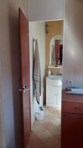 une salle de bain avec un lavabo et des toilettes dans une chambre dans l'établissement Mobilhome & Piscine - Sud-Alpilles - Oliveraie bio, à Entressen