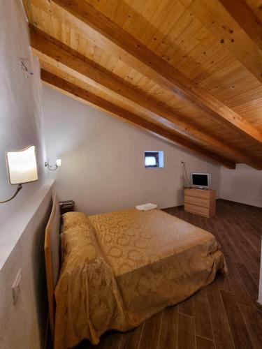 a bedroom with a bed in a room with wooden ceilings at Casa Vacanza Leo in Stilo