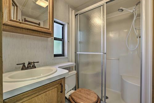 a bathroom with a sink and a shower at 6 Mi to Slopes! Mtn-View Breck Gem w/ Resort Perks in Breckenridge