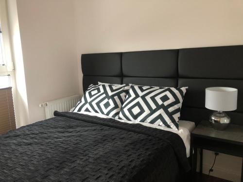 a bed with a black headboard and two pillows at Apartamenty Platinex 3 in Krakow