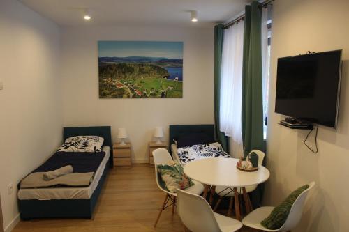 a small living room with a table and a tv at Agroturystyka Blicharzówka Noclegi in Bukówka