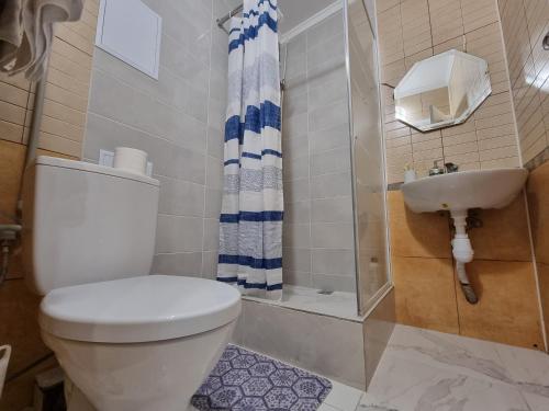La salle de bains est pourvue de toilettes, d'un lavabo et d'une douche. dans l'établissement Квартира рядом с ЖД вокзалом, Охматдетом, à Kiev