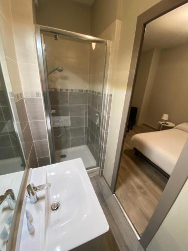 ein Bad mit einem Waschbecken, einer Dusche und einem Bett in der Unterkunft Le Relais de la Gare in Dole