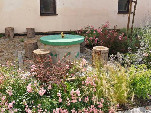 a bird sitting on a table in a garden at Apartmány na Trojmezí, byt Markéta in Slavonice
