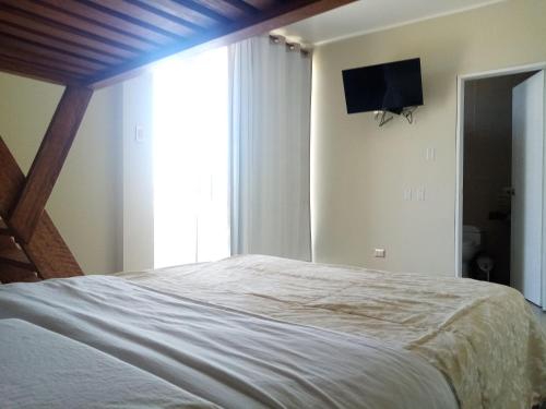 a bedroom with a large bed with a television on the wall at Hostel Willys House in Paracas