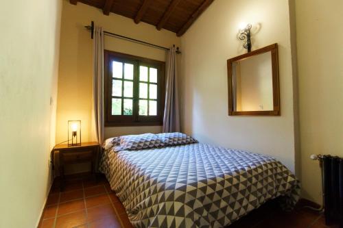 a bedroom with a bed with a mirror and a window at Casas Arbillas in Arenas de San Pedro