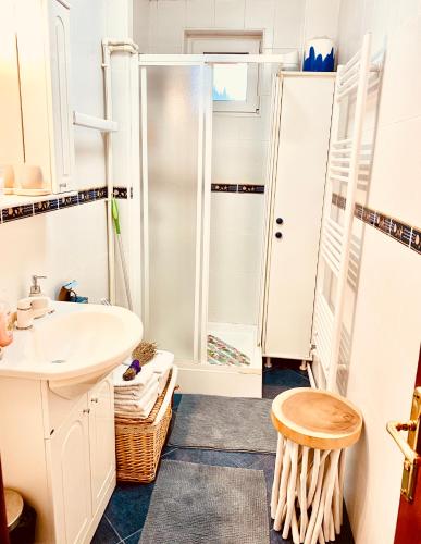 a bathroom with a sink and a shower at apartament Durau in Durău