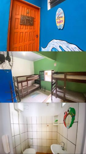 two pictures of a bathroom with a door and a toilet at Sintonia Surf Hostel e Bar in Ubatuba