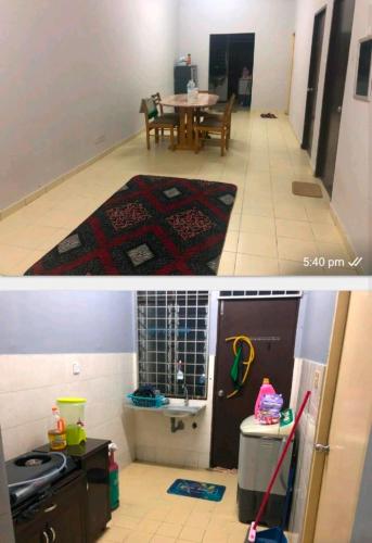 eine Küche und ein Wohnzimmer mit einem Tisch in der Unterkunft Rosdan Homestay in Bachok