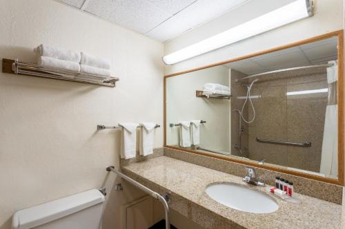 a bathroom with a sink and a mirror at Baymont by Wyndham Queensbury/Lake George in Queensbury