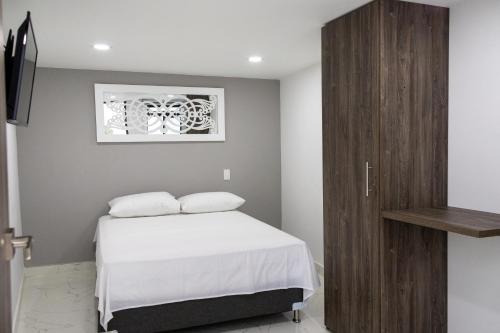 1 dormitorio con 1 cama y armario de madera en Nómada Hospedaje, en San Rafael