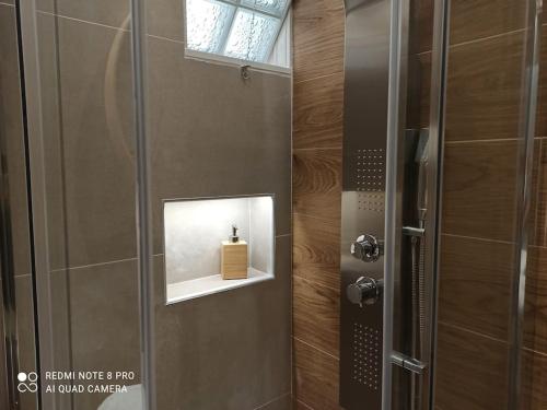 a bathroom with a shower with a soap dispenser at VARKIZA VIEW APARTMENT in Varkiza