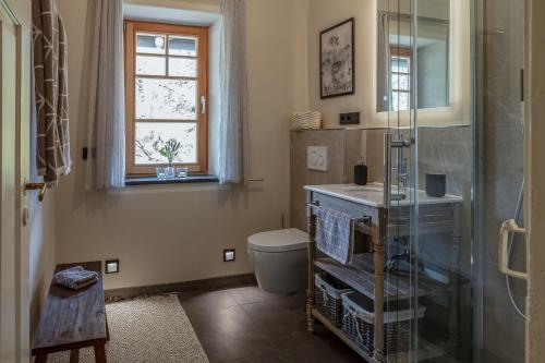 a bathroom with a shower and a toilet and a window at Ferienwohnungen Zipflwirt in Bayrischzell